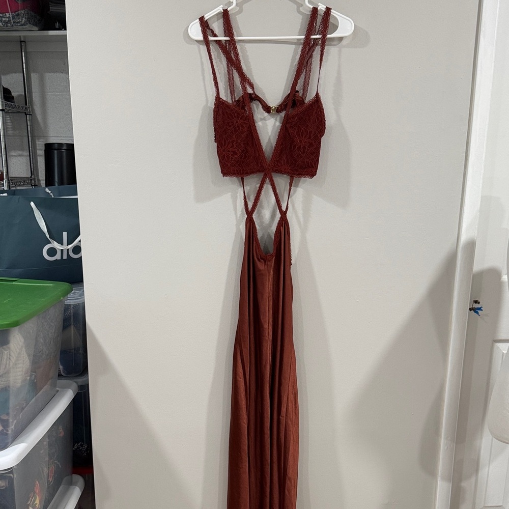 NWT Meshki Seraphine Cherry Chocolate Lace Maxi strappy sexy Dress - Picture 3 of 7